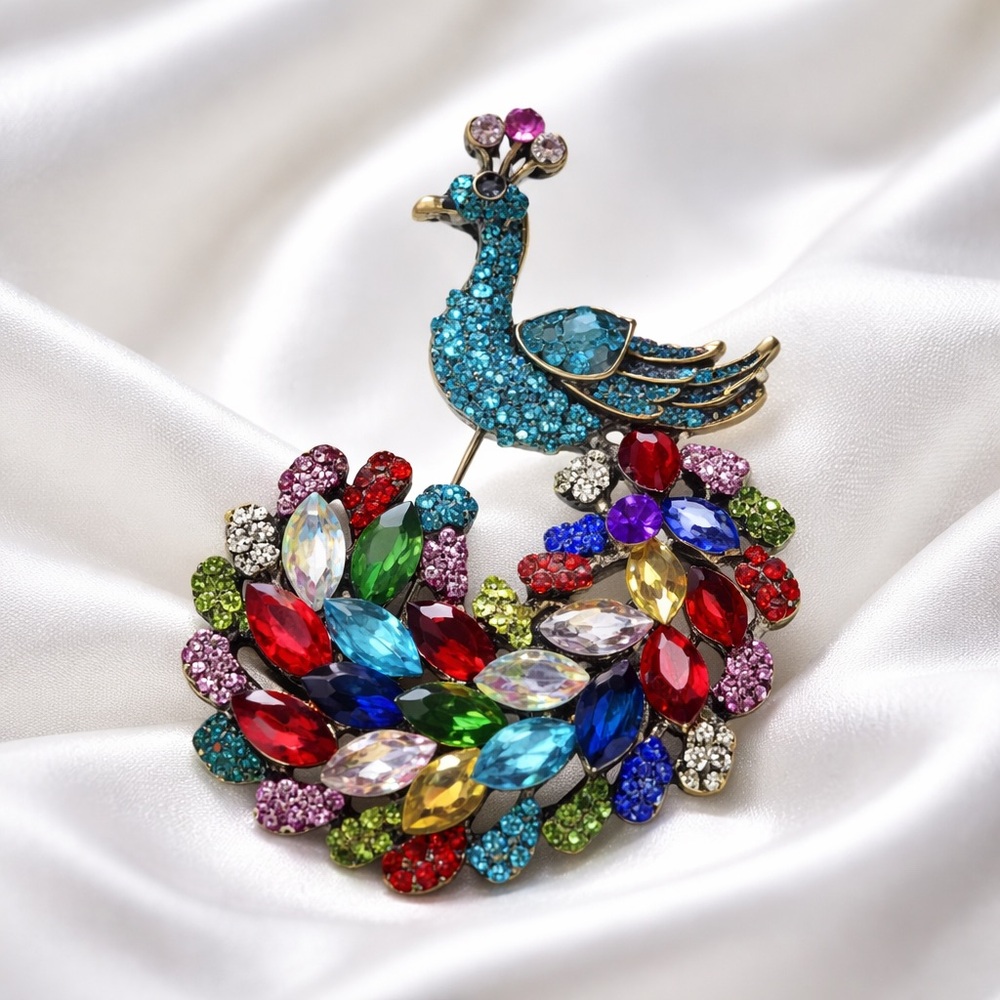 Multi Color Rainbow Rhinestone Peacock Brooch - Picture 3 of 12